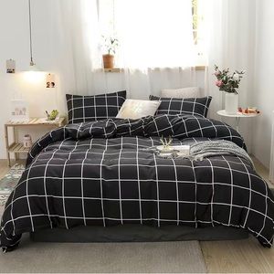 Urban Outfitters Queen Size Duvet Cover Set Black Checker 2 Pillowcases NEW